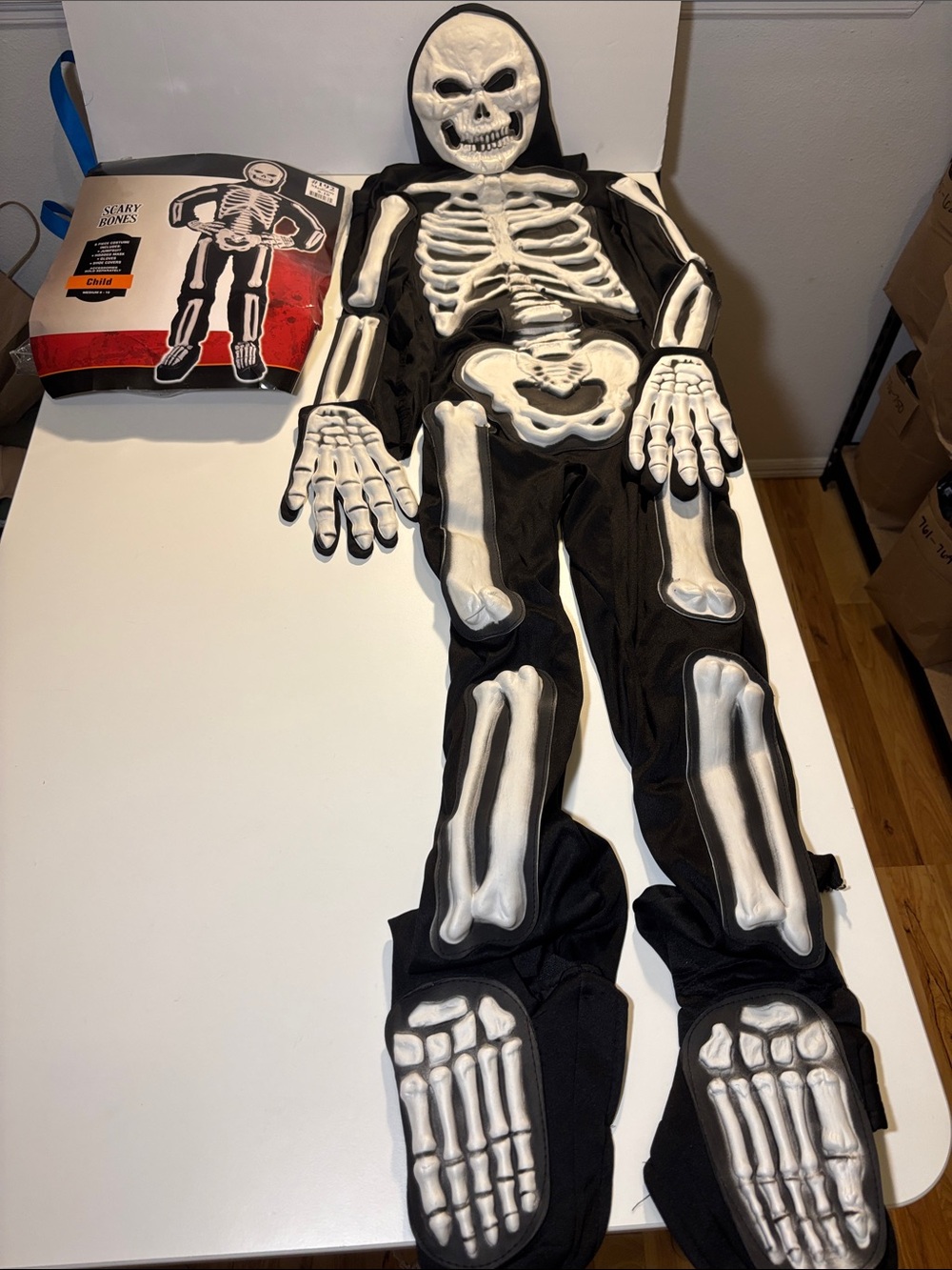 Kids Black & White Skeleton Costume with Hooded Skull Mask